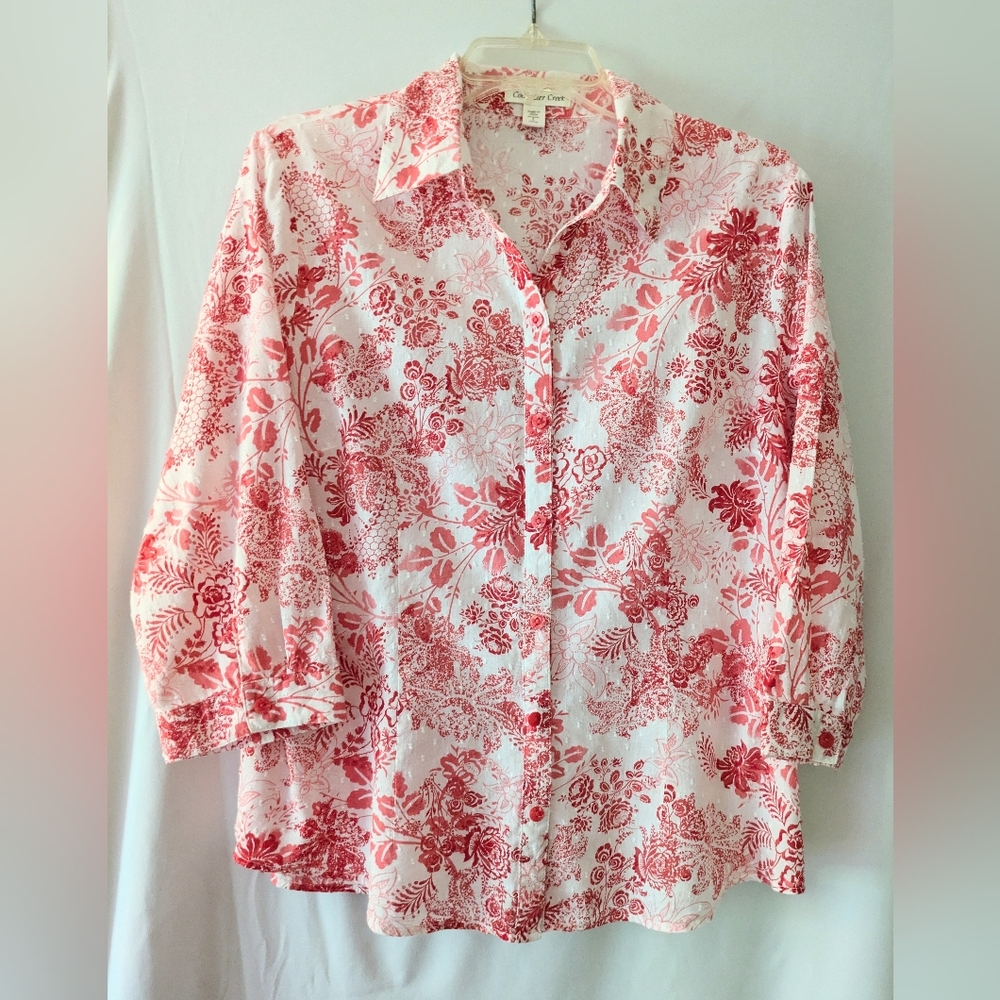 Coldwater Creek Floral Red and White Women's Button Down Shirt